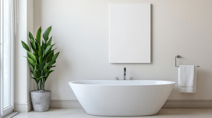 Fototapeta premium Modern bathroom featuring sleek white bathtub, potted plant, and minimalist wall art piece, creating serene atmosphere