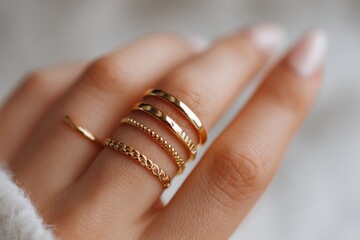 Close up of a woman's hand with multiple minimalist gold rings stacked on her finger, showcasing delicate details and elegant style, perfect for jewelry advertisements.