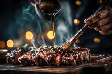 A close-up of chef basting delicious grilled steaks with savory sauce on a wooden board, showcasing culinary expertise, preparation and tempting food presentation.