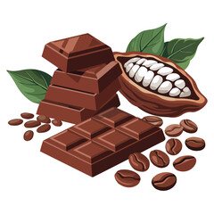 Raw cacao beans with chocolate bar isolated vector illustration on white background
