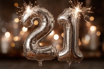 Silver number 21 balloons with sparkling sparklers, celebrating a 21st birthday, against a blurred background with bokeh lights, festive atmosphere.