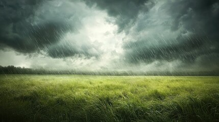 Rainstorm over green field, dark clouds, weather, nature background, environmental