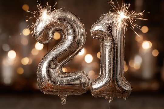 Silver number 21 balloons with sparkling sparklers, celebrating a 21st birthday, against a blurred background with bokeh lights, festive atmosphere.