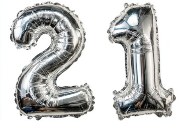 Isolated foil silver balloons in the shape of the number 21, perfect for festive birthday celebrations and milestone moments against a clean white backdrop.