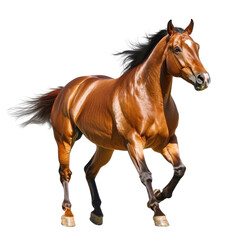 Obraz premium Majestic chestnut horse galloping gracefully through the open field under a clear blue sky with flowing mane and powerful stance