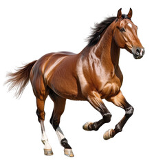 Naklejka premium Majestic brown horse galloping with powerful stride on white background, showcasing strength, elegance, and grace in motion, ideal for equestrian themes and more