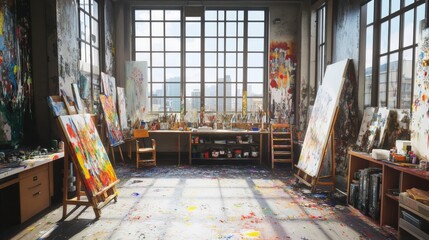 Spacious art  interior with vibrant artwork and natural light.