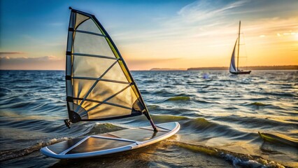 Sunset Sailboard Scene A windsurfing board glides gently across the water, bathed in the golden light of the setting sun, with a distant sailboat adding to the serene coastal ambiance.