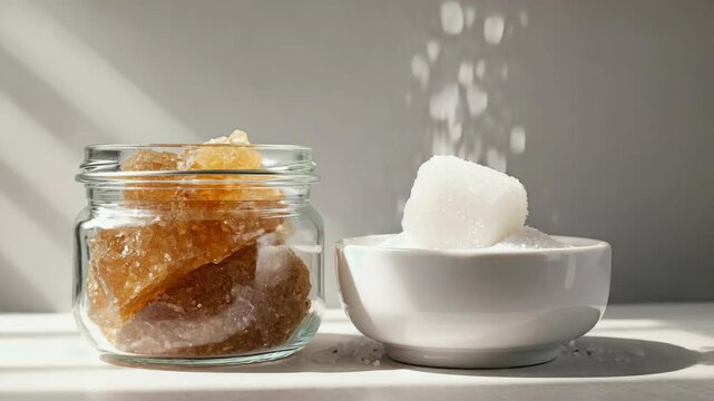 A jar of sugar and a bowl of sugar. The jar is half full and the bowl is empty