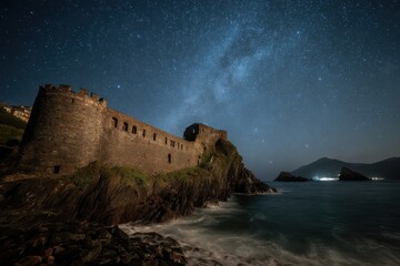 Fototapeta premium Stunning night view of a medieval castle on the Ligurian coast under a starry sky, with the Milky Way illuminating the scene and waves crashing against the rocky shore.