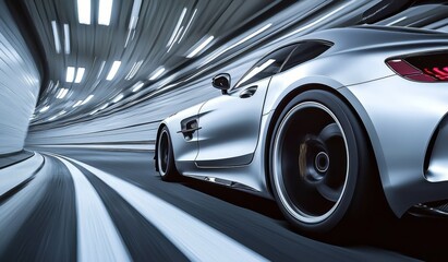 High-speed photography capturing a car in a tunnel.