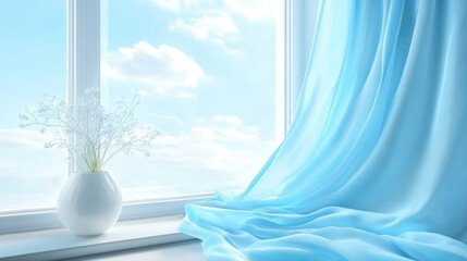 White flowers blue curtain sunny window home decor image