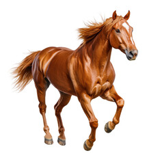 Obraz premium Majestic chestnut horse galloping freely across lush green field under clear blue sky showcasing strength, grace, and beauty of equestrian life