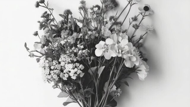 A bouquet of flowers is arranged in a vase. The flowers are white and black, and they are arranged in a way that creates a sense of balance and harmony