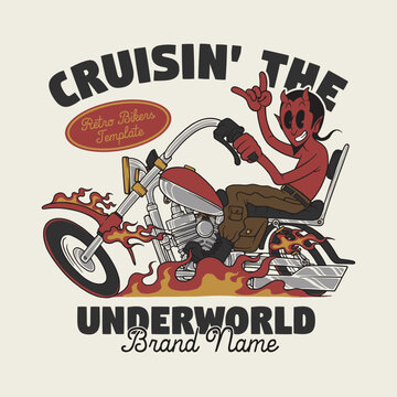 retro cartoon emblem of devil riding chooper bike