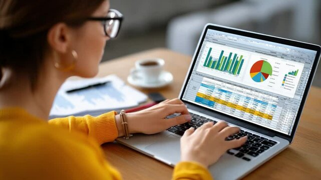 Analyzing Data Insights: A focused businesswoman wearing glasses intently analyzes financial data on her laptop computer, her hands actively navigating the charts and graphs. - Powered by Adobe