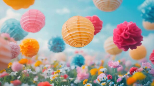 A field of flowers with many different colored lanterns floating in the air. The lanterns are of various sizes and colors, creating a vibrant and lively atmosphere. Concept of joy and celebration