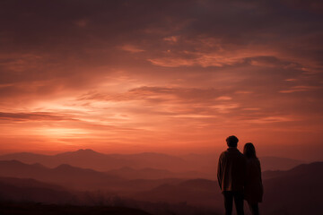 Silhouetted couple stands close together, gazing at a breathtaking mountain sunset under a dramatic, warm-colored sky. Empty space for text