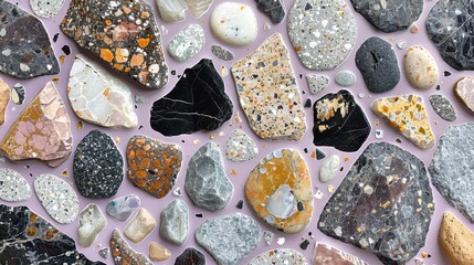 Modern terrazzo stone pattern with pastel purple base and scattered stone flecks in neutral and cool hues