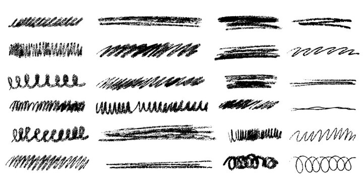 Hand drawn chalk pencil crayon smears textured lines. Highlight grunge doodles childish elements isolated on white background.