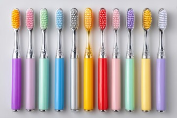 A vibrant collection of colorful toothbrushes arranged in a neat row, showcasing various bristle hues and handle colors, promoting dental health and hygiene.