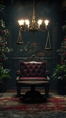 Dark, opulent room with ornate furnishings.