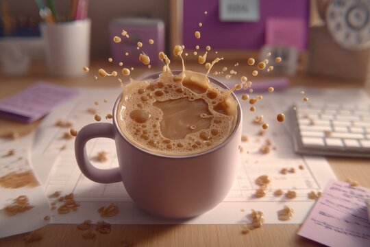 A dynamic shot of a lilac cup overflowing with coffee, creating a splash effect on a busy desk, with papers and keyboard in soft focus in the background. - Powered by Adobe