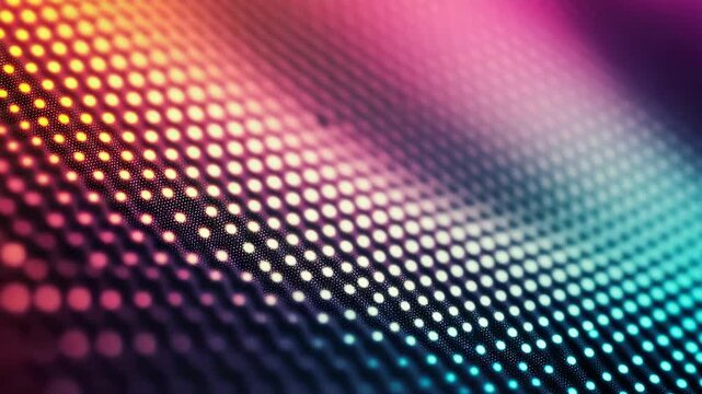 A colorful, abstract pattern of dots is displayed on a screen. The dots are arranged in a way that creates a sense of movement and energy. Scene is vibrant and dynamic