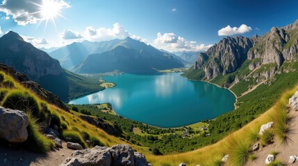 Covadonga Lakes shining under midday sun in a clear panoramic mountain landscape.