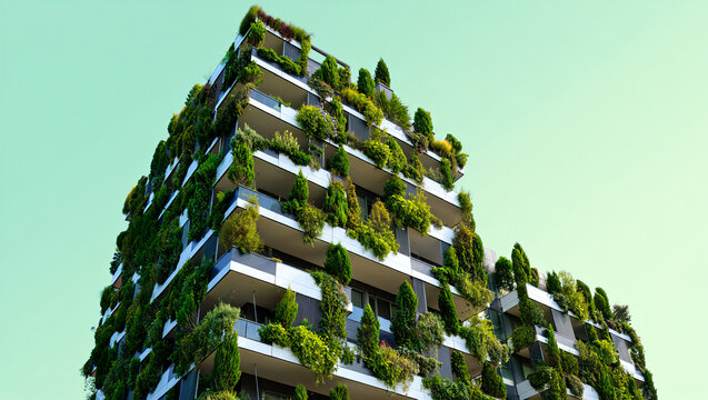 Biophilic Vertical Forest Residential Tower with Lush Green Balconies Against Soft Sky - Powered by Adobe