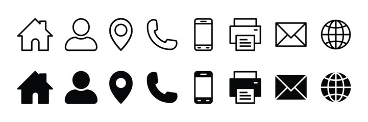 Contact us icon set. Business card icons containing address, name, location, phone, mobile, fax, email and website symbol. Transparent PNG and vector illustration.