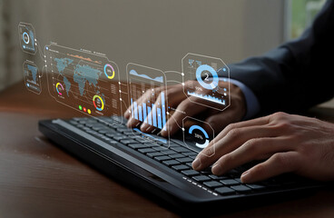 Hands Typing on a Keyboard with Digital Graphs and Data Visualization Overlays Representing Modern Business Analytics and Technology Trends