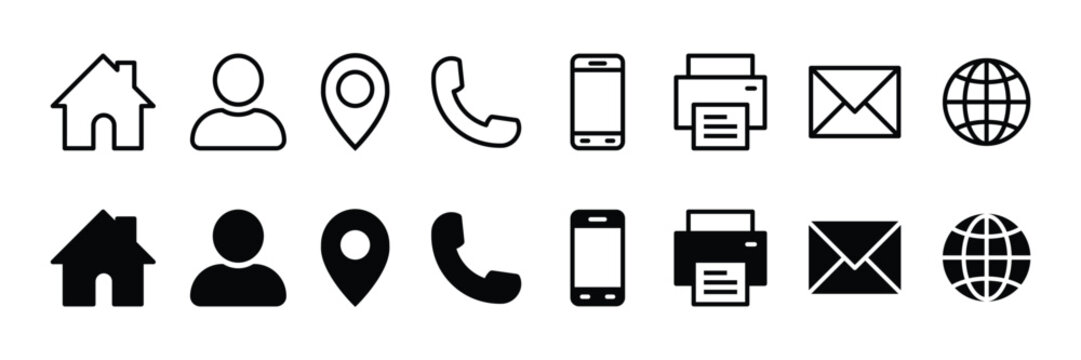 Contact us icon set. Business card icons containing address, name, location, phone, mobile, fax, email and website symbol. Transparent PNG and vector illustration.