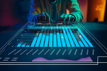 Person Interacting with Transparent Data Visualization Technology in a Modern Setting for Data Analysis and Business Insight