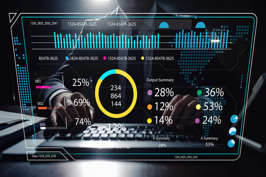 Business Professional Analyzing Data on a Futuristic Digital Interface with Graphs, Charts, and Statistical Information in a Modern Office Environment
