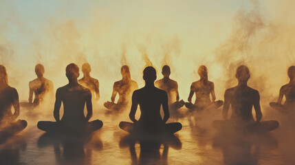 Group meditation with smoke in warm backlight