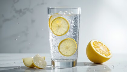 Refreshing beverage with lemon slices and ice.