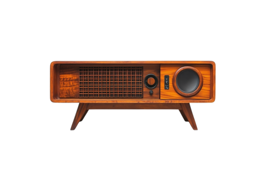 Mid-century modern wooden audio console with speaker grill and circular controls, isolated on a transparent background