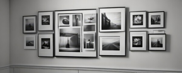 Elegant black & white gallery frames mockup, hanging on a wall with shadows ,  design,  wall decor,  image