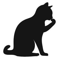 Silhouette of a Cat Grooming Itself with Tongue and Paw