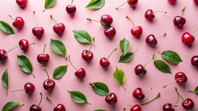 Fresh cherries arranged artfully on a soft pink background with scattered green leaves and a few decorative twigs, creating a natural and effortless look, cherry blossom, fruit arrangement