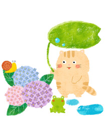 紫陽花の花とかえるとカタツムリとねこ　水たまり　クレヨンタッチ