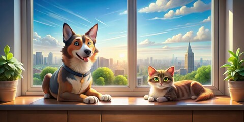 Cartoon dog and cat duo lounging on a windowsill in a bright sunlit room with a blurred cityscape outside, animated animals, cartoon characters