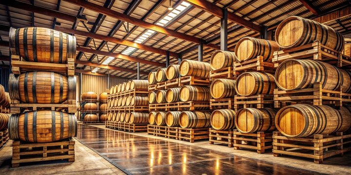 Traditional full whisky barrels stacked horizontally in a warehouse, wooden crates, barrels,  wooden crates,barrels - Powered by Adobe
