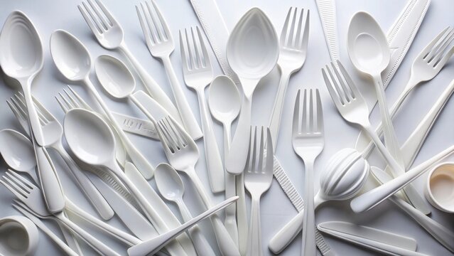 A chaotic arrangement of pristine white plastic cutlery and serving utensils, a study in minimalist design and disposable convenience