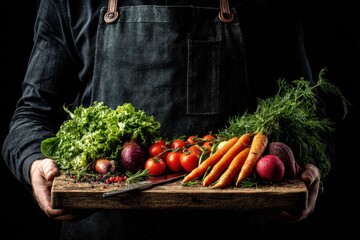 A chef presenting fresh vegetables on a wooden board, showcasing ingredients for a healthy and delicious meal, including carrots, tomatoes, lettuce and beets.