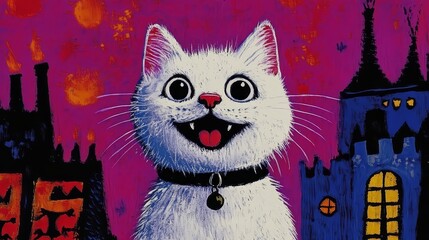 Smiling white cat fantasy illustration