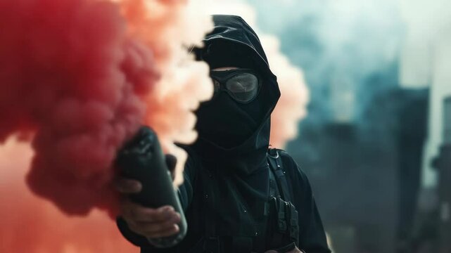 A man in a black hoodie is holding a red smoke bomb. The smoke bomb is red and orange, and it is being held in the man's hand. The man is wearing a black mask