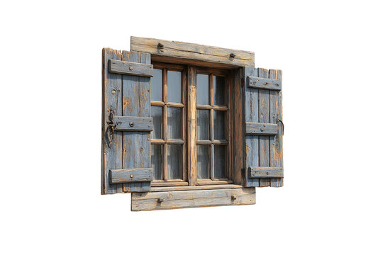 Rustic wooden window with weathered blue shutters and glass panes, isolated on a transparent background
