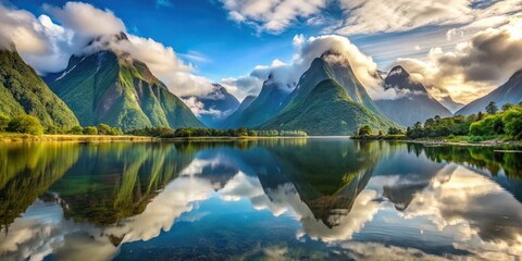 Naklejka premium serene lake surface reflecting towering mountain peaks surrounded by lush greenery and misty weather conditions, water reflection , milford sound mountains